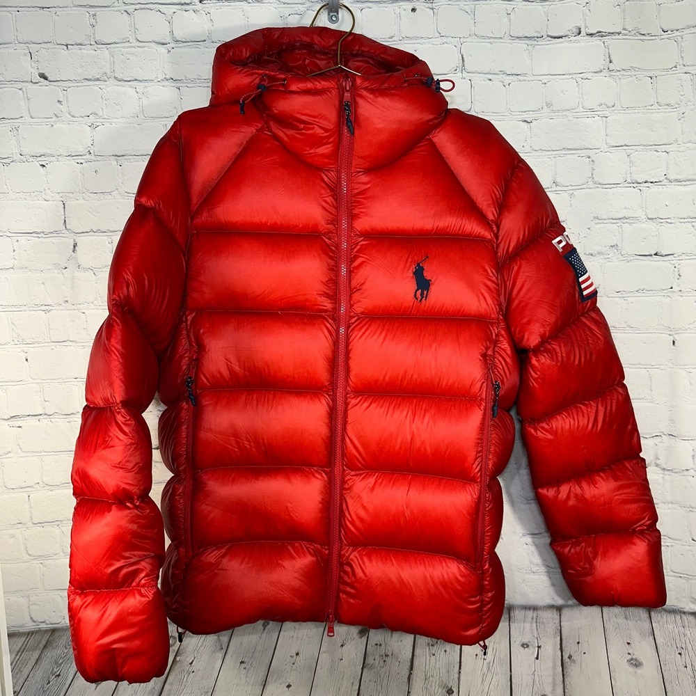 Polo Ralph Lauren USA Down Puffer Jacket Red Hooded American Flag Mens Small